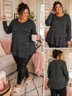 Lily Morgan Heathered Black Tunic Top Size Medium Faux Button Detail